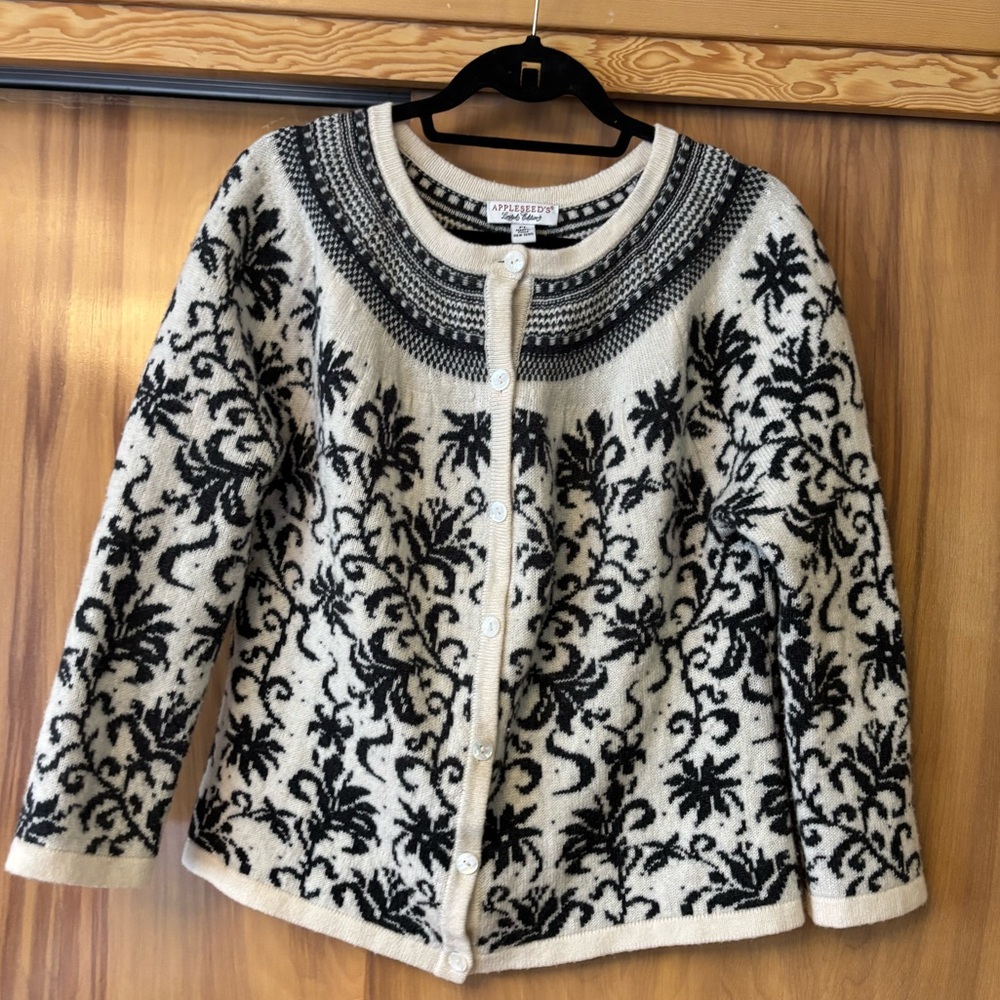 Women's Black and Cream Wool Cardigan, button up sweater, transitional clothing